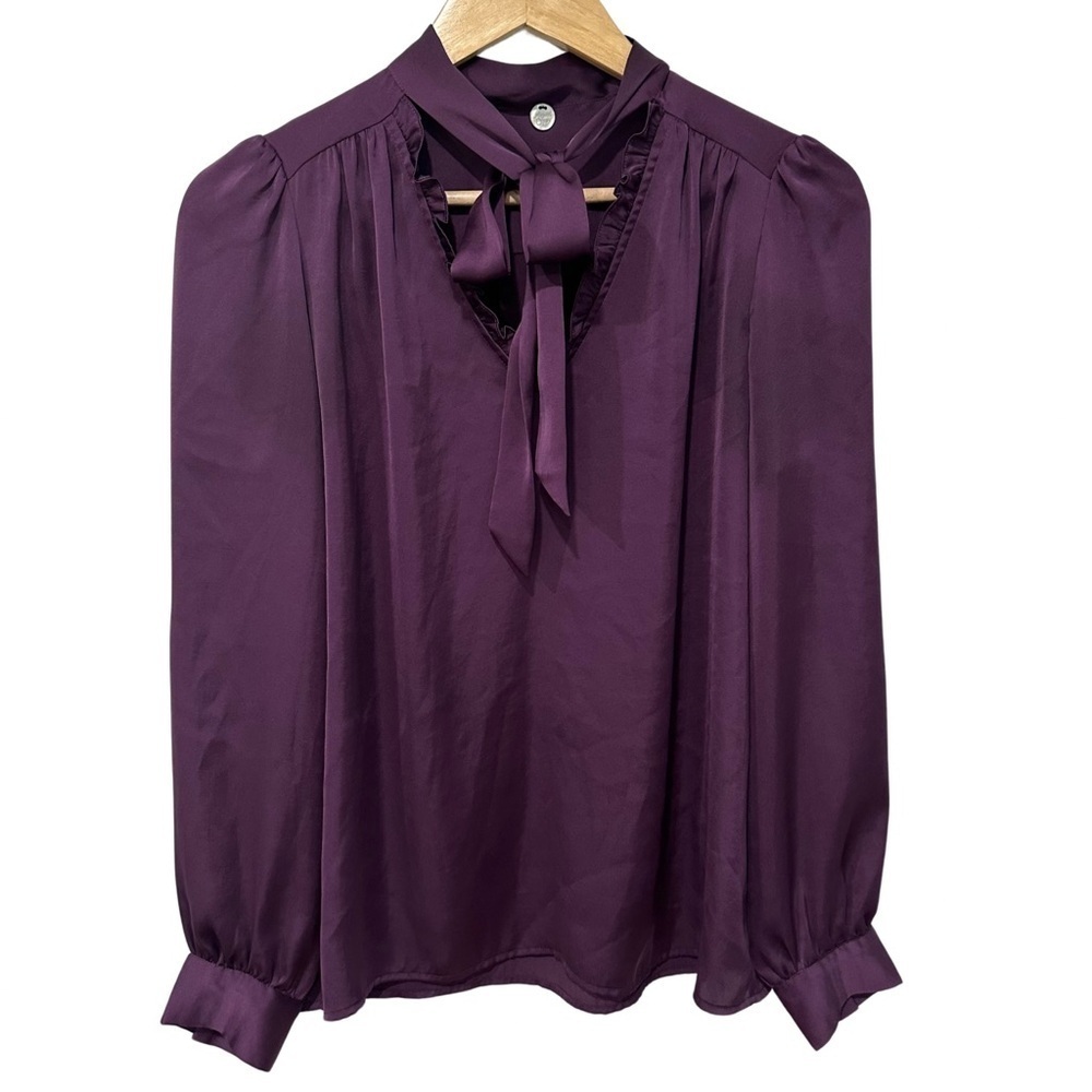 Margaret O'Leary Purple Tie Neck Blouse Large Long Sleeve Designer Luxury READ